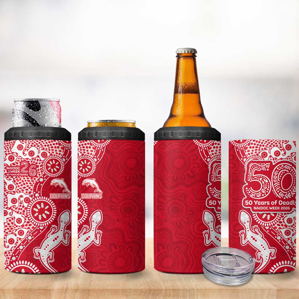 Dolphins NRL NAIDOC Week 2026 4 in 1 Can Cooler Tumbler Aboriginal Lizard Dot Painting - 50 Years of Deadly