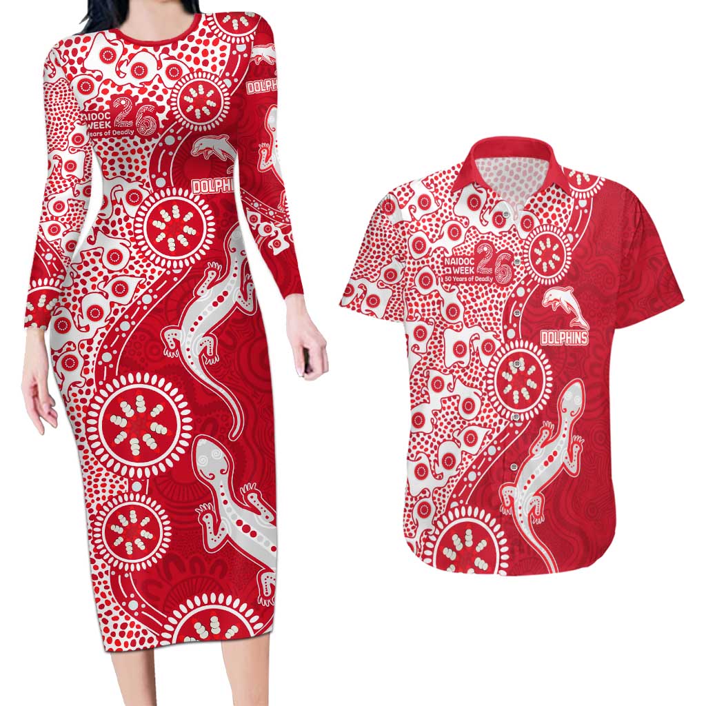 Dolphins NRL NAIDOC Week 2026 Couples Matching Long Sleeve Bodycon Dress and Hawaiian Shirt Aboriginal Lizard Dot Painting - 50 Years of Deadly