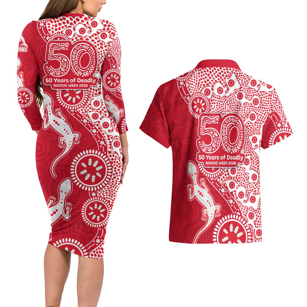 Dolphins NRL NAIDOC Week 2026 Couples Matching Long Sleeve Bodycon Dress and Hawaiian Shirt Aboriginal Lizard Dot Painting - 50 Years of Deadly