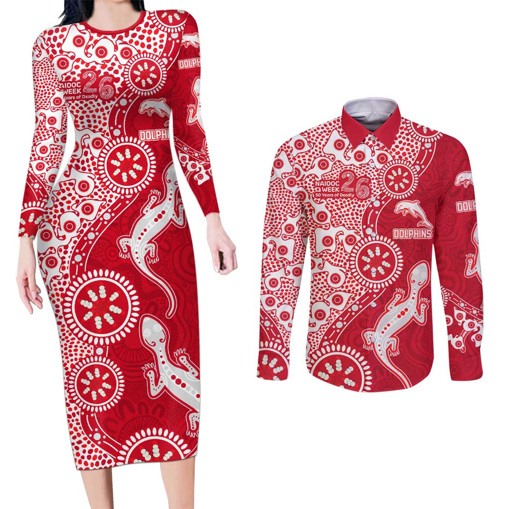 Dolphins NRL NAIDOC Week 2026 Couples Matching Long Sleeve Bodycon Dress and Long Sleeve Button Shirt Aboriginal Lizard Dot Painting - 50 Years of Deadly