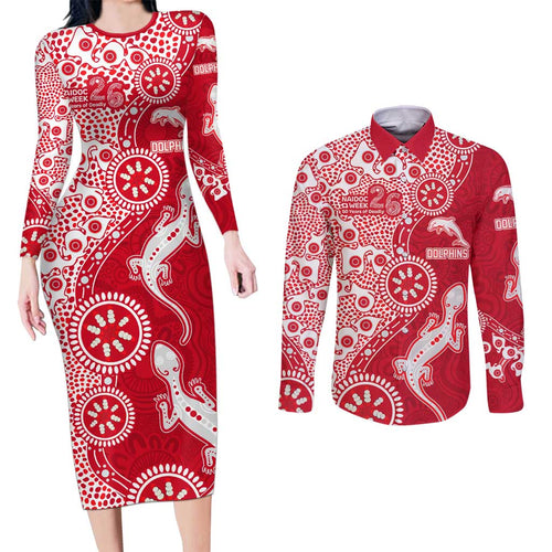Dolphins NRL NAIDOC Week 2026 Couples Matching Long Sleeve Bodycon Dress and Long Sleeve Button Shirt Aboriginal Lizard Dot Painting - 50 Years of Deadly
