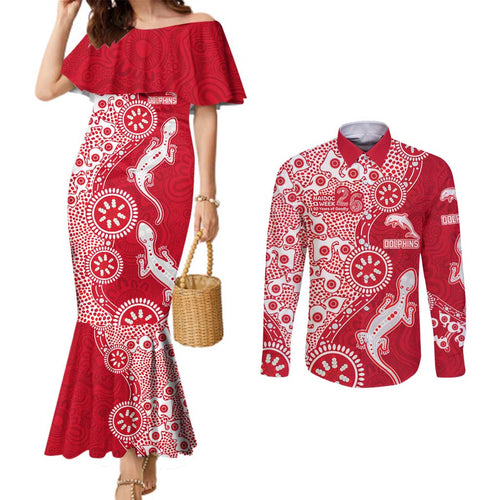Dolphins NRL NAIDOC Week 2026 Couples Matching Mermaid Dress and Long Sleeve Button Shirt Aboriginal Lizard Dot Painting - 50 Years of Deadly