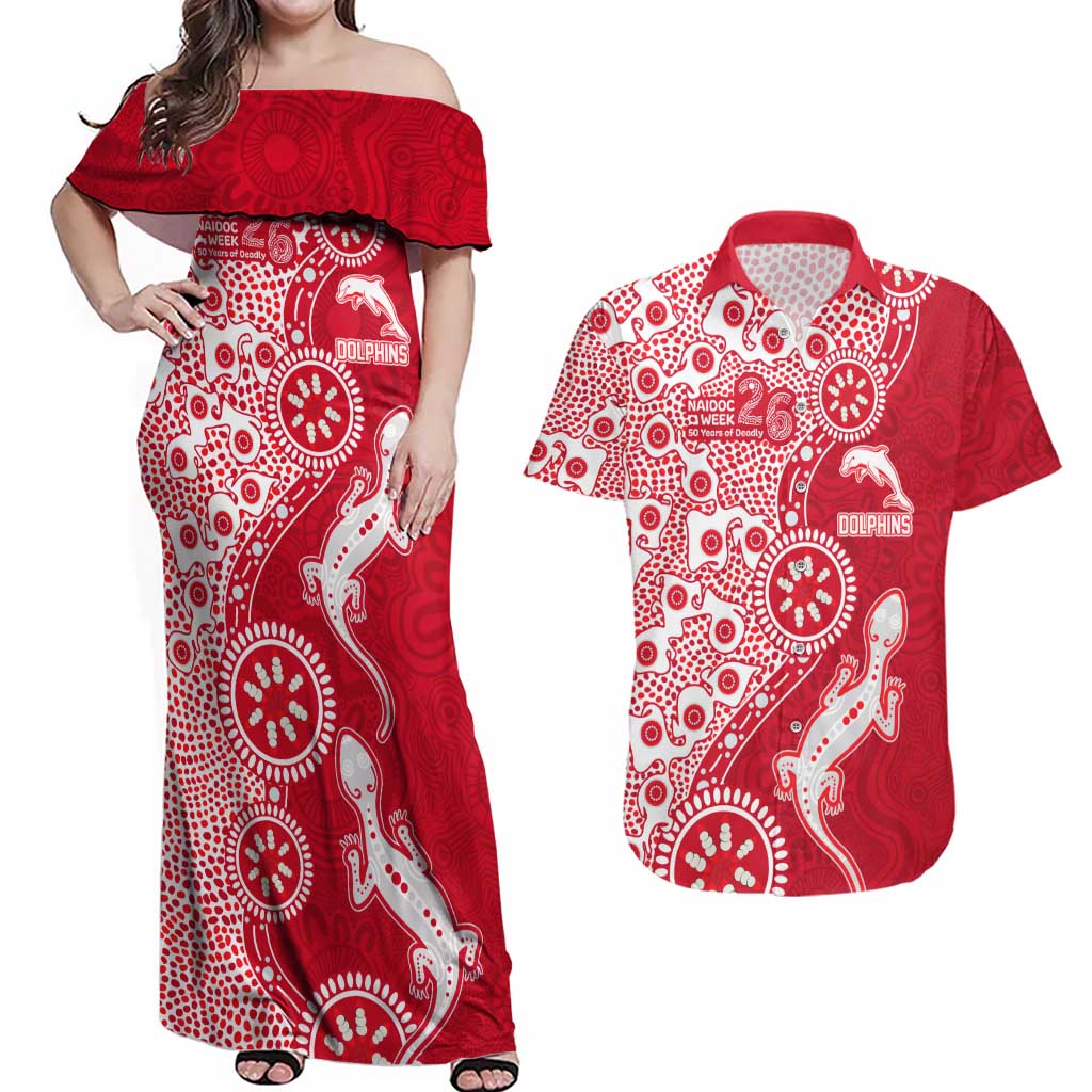 Dolphins NRL NAIDOC Week 2026 Couples Matching Off Shoulder Maxi Dress and Hawaiian Shirt Aboriginal Lizard Dot Painting - 50 Years of Deadly