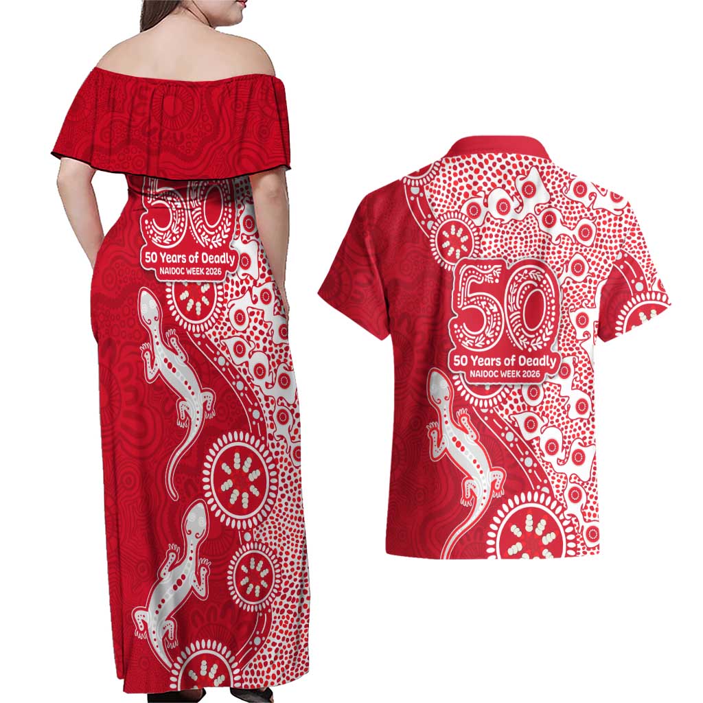 Dolphins NRL NAIDOC Week 2026 Couples Matching Off Shoulder Maxi Dress and Hawaiian Shirt Aboriginal Lizard Dot Painting - 50 Years of Deadly