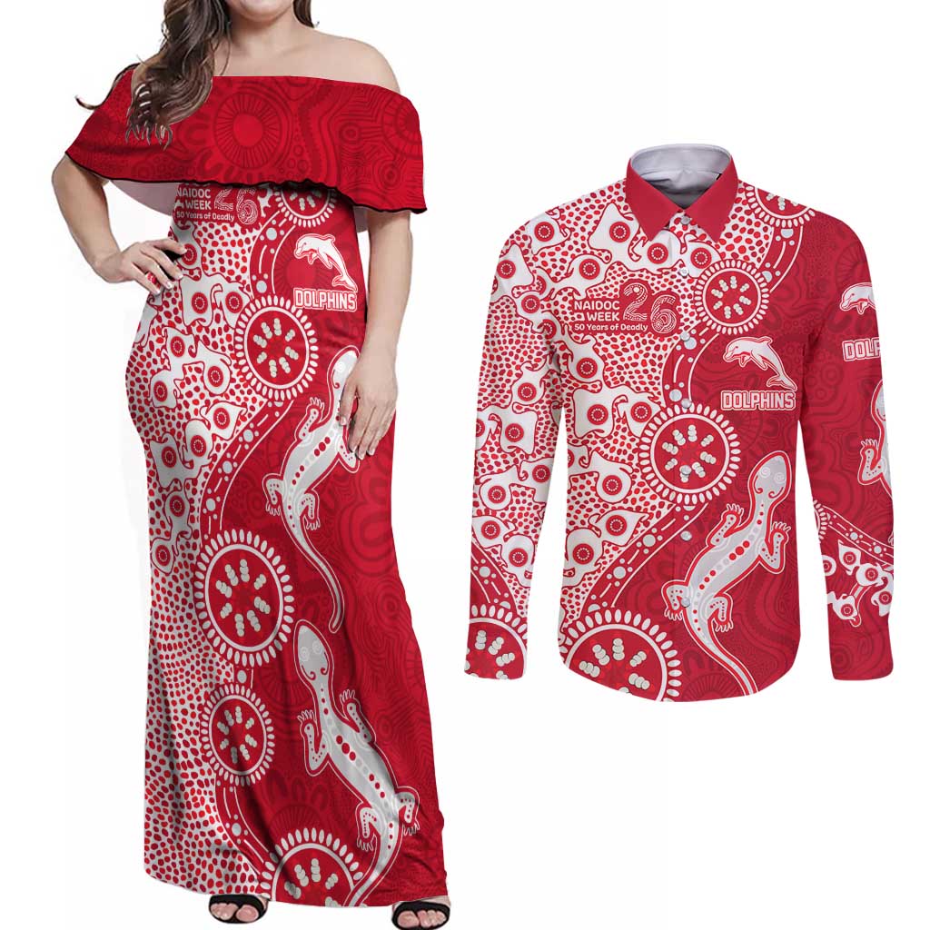 Dolphins NRL NAIDOC Week 2026 Couples Matching Off Shoulder Maxi Dress and Long Sleeve Button Shirt Aboriginal Lizard Dot Painting - 50 Years of Deadly
