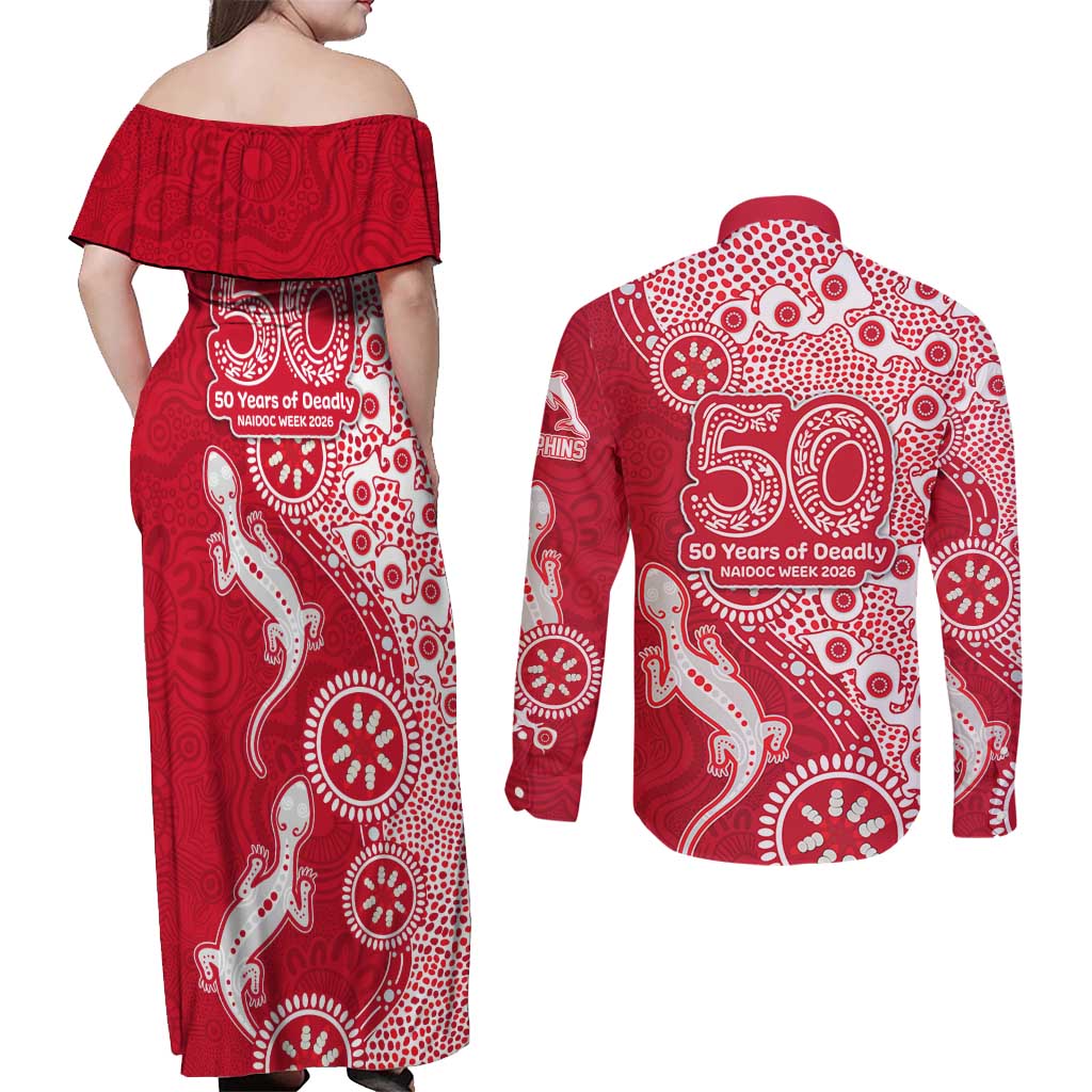 Dolphins NRL NAIDOC Week 2026 Couples Matching Off Shoulder Maxi Dress and Long Sleeve Button Shirt Aboriginal Lizard Dot Painting - 50 Years of Deadly