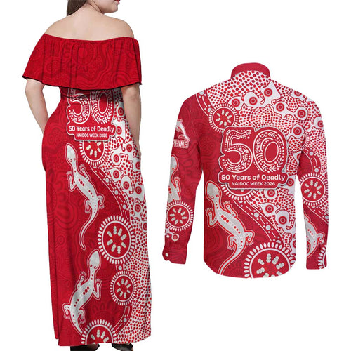 Dolphins NRL NAIDOC Week 2026 Couples Matching Off Shoulder Maxi Dress and Long Sleeve Button Shirt Aboriginal Lizard Dot Painting - 50 Years of Deadly