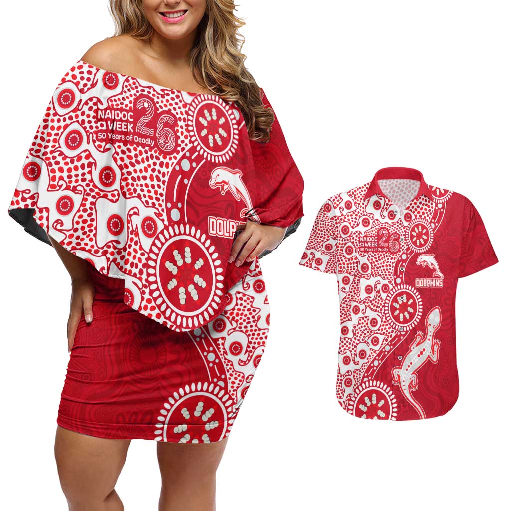 Dolphins NRL NAIDOC Week 2026 Couples Matching Off Shoulder Short Dress and Hawaiian Shirt Aboriginal Lizard Dot Painting - 50 Years of Deadly