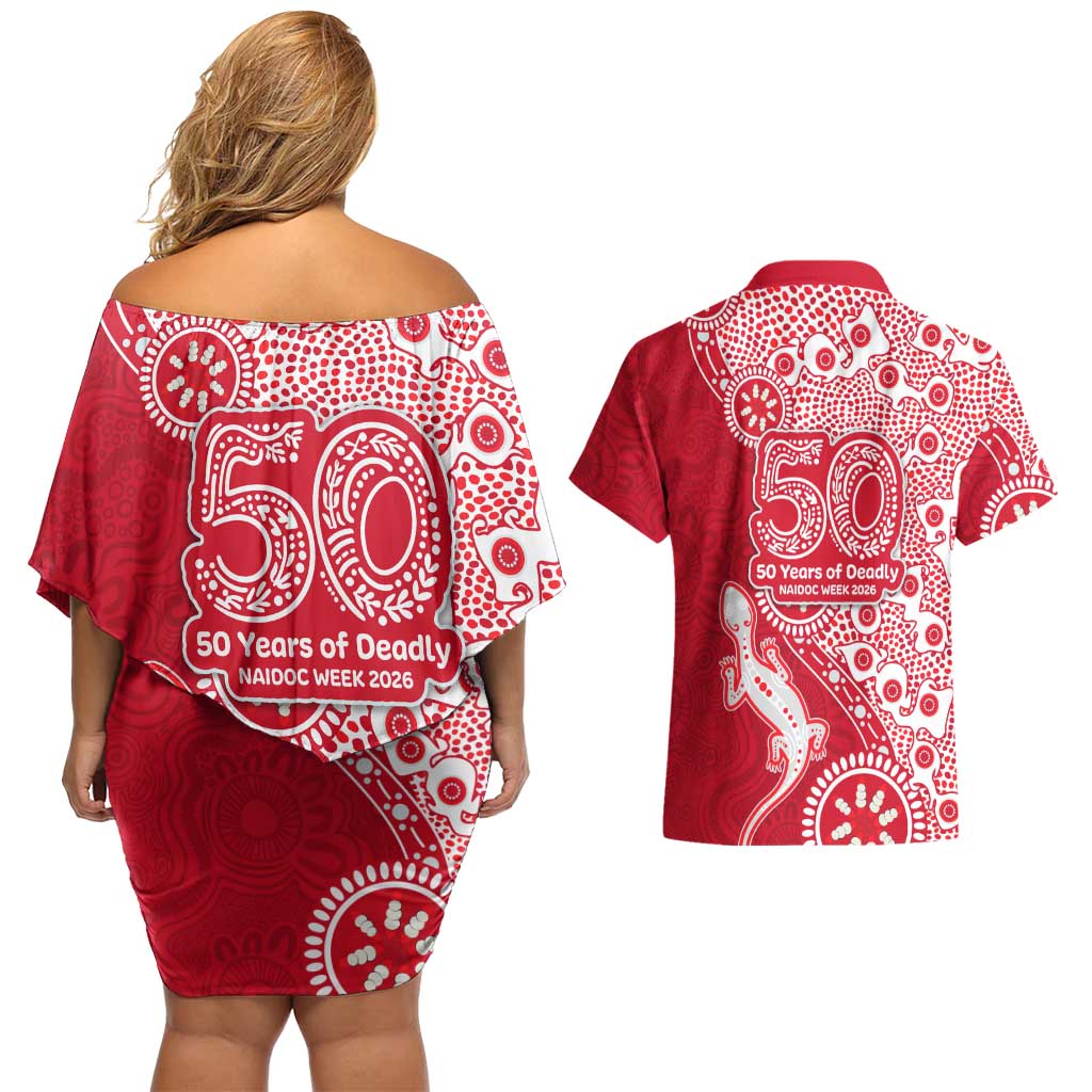 Dolphins NRL NAIDOC Week 2026 Couples Matching Off Shoulder Short Dress and Hawaiian Shirt Aboriginal Lizard Dot Painting - 50 Years of Deadly