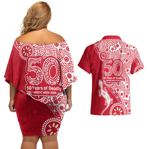 Dolphins NRL NAIDOC Week 2026 Couples Matching Off Shoulder Short Dress and Hawaiian Shirt Aboriginal Lizard Dot Painting - 50 Years of Deadly