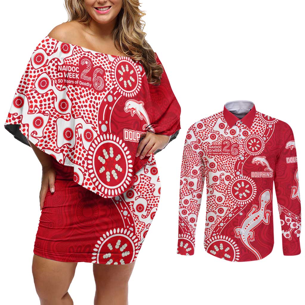 Dolphins NRL NAIDOC Week 2026 Couples Matching Off Shoulder Short Dress and Long Sleeve Button Shirt Aboriginal Lizard Dot Painting - 50 Years of Deadly