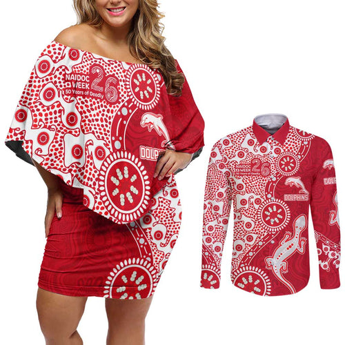 Dolphins NRL NAIDOC Week 2026 Couples Matching Off Shoulder Short Dress and Long Sleeve Button Shirt Aboriginal Lizard Dot Painting - 50 Years of Deadly