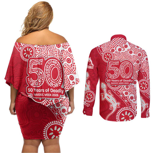 Dolphins NRL NAIDOC Week 2026 Couples Matching Off Shoulder Short Dress and Long Sleeve Button Shirt Aboriginal Lizard Dot Painting - 50 Years of Deadly