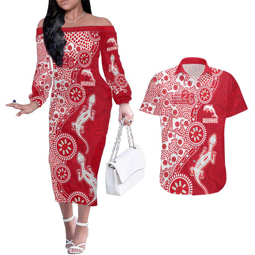 Dolphins NRL NAIDOC Week 2026 Couples Matching Off The Shoulder Long Sleeve Dress and Hawaiian Shirt Aboriginal Lizard Dot Painting - 50 Years of Deadly