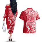 Dolphins NRL NAIDOC Week 2026 Couples Matching Off The Shoulder Long Sleeve Dress and Hawaiian Shirt Aboriginal Lizard Dot Painting - 50 Years of Deadly