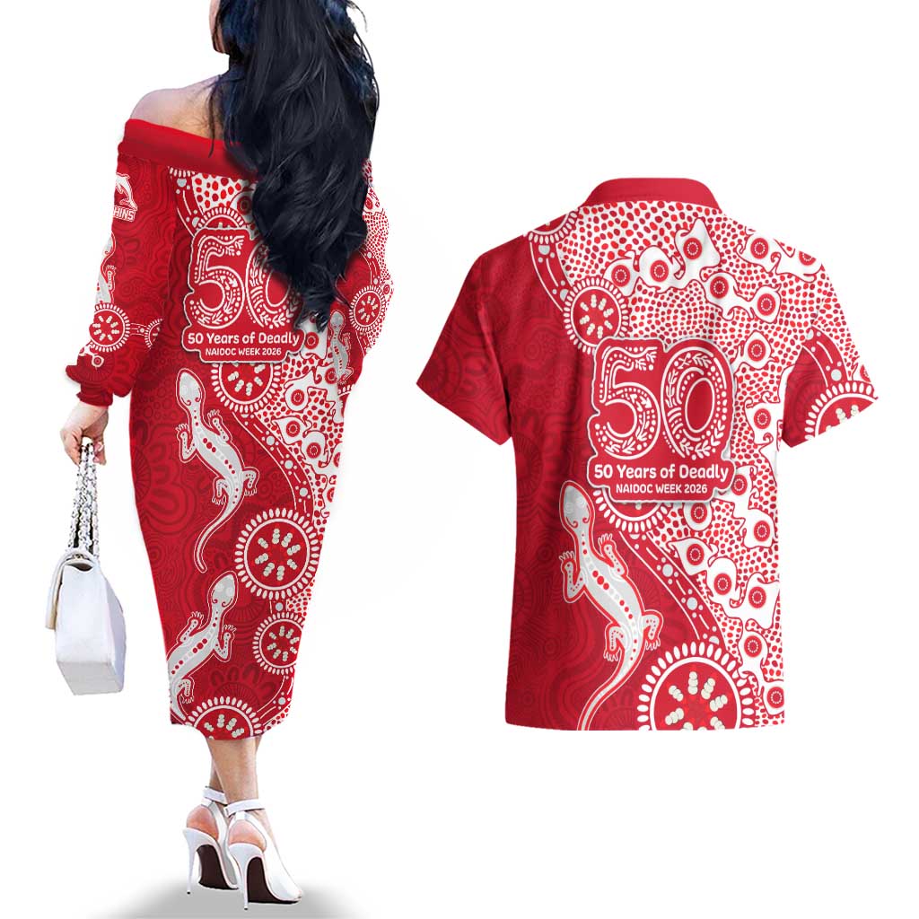 Dolphins NRL NAIDOC Week 2026 Couples Matching Off The Shoulder Long Sleeve Dress and Hawaiian Shirt Aboriginal Lizard Dot Painting - 50 Years of Deadly