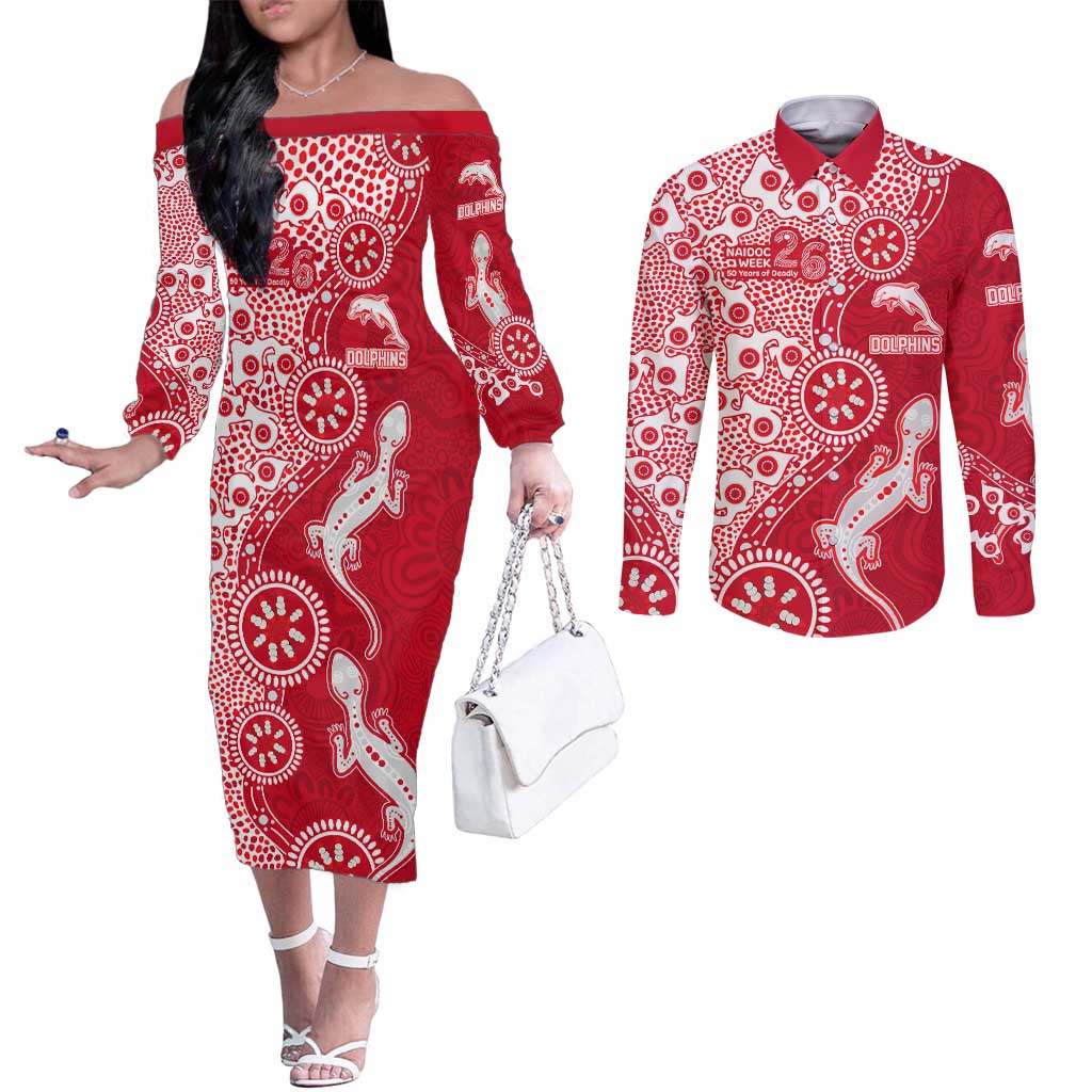 Dolphins NRL NAIDOC Week 2026 Couples Matching Off The Shoulder Long Sleeve Dress and Long Sleeve Button Shirt Aboriginal Lizard Dot Painting - 50 Years of Deadly