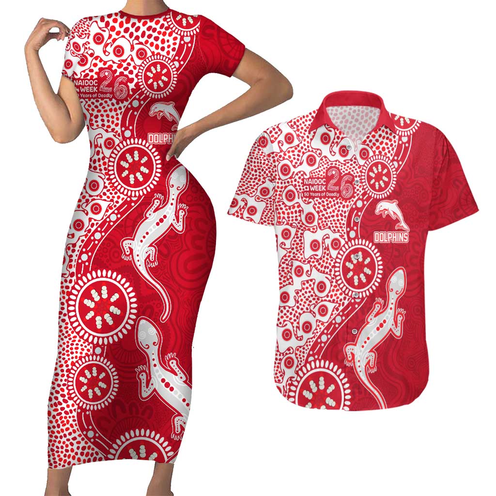 Dolphins NRL NAIDOC Week 2026 Couples Matching Short Sleeve Bodycon Dress and Hawaiian Shirt Aboriginal Lizard Dot Painting - 50 Years of Deadly