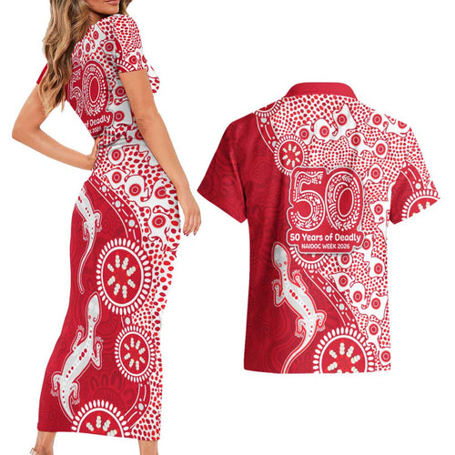 Dolphins NRL NAIDOC Week 2026 Couples Matching Short Sleeve Bodycon Dress and Hawaiian Shirt Aboriginal Lizard Dot Painting - 50 Years of Deadly
