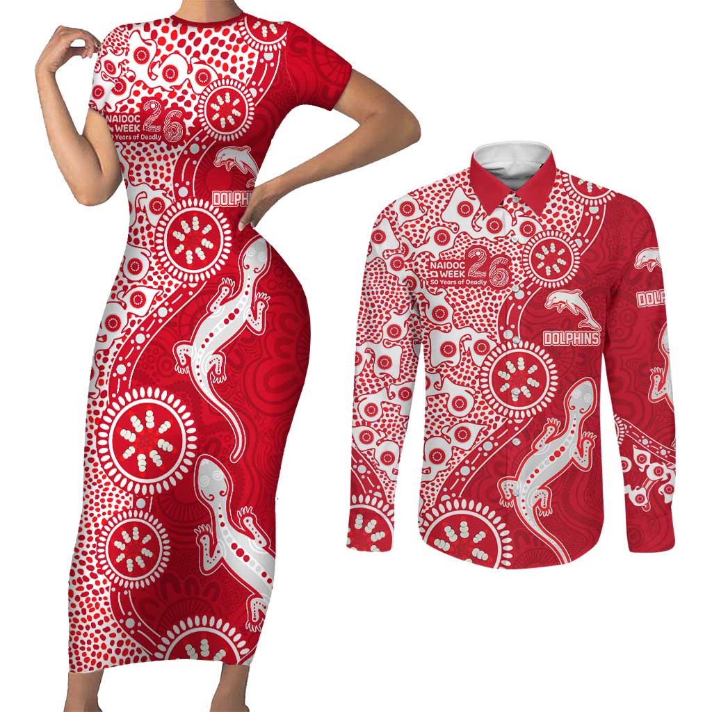 Dolphins NRL NAIDOC Week 2026 Couples Matching Short Sleeve Bodycon Dress and Long Sleeve Button Shirt Aboriginal Lizard Dot Painting - 50 Years of Deadly