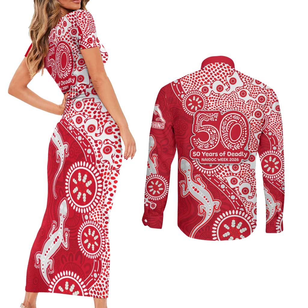 Dolphins NRL NAIDOC Week 2026 Couples Matching Short Sleeve Bodycon Dress and Long Sleeve Button Shirt Aboriginal Lizard Dot Painting - 50 Years of Deadly