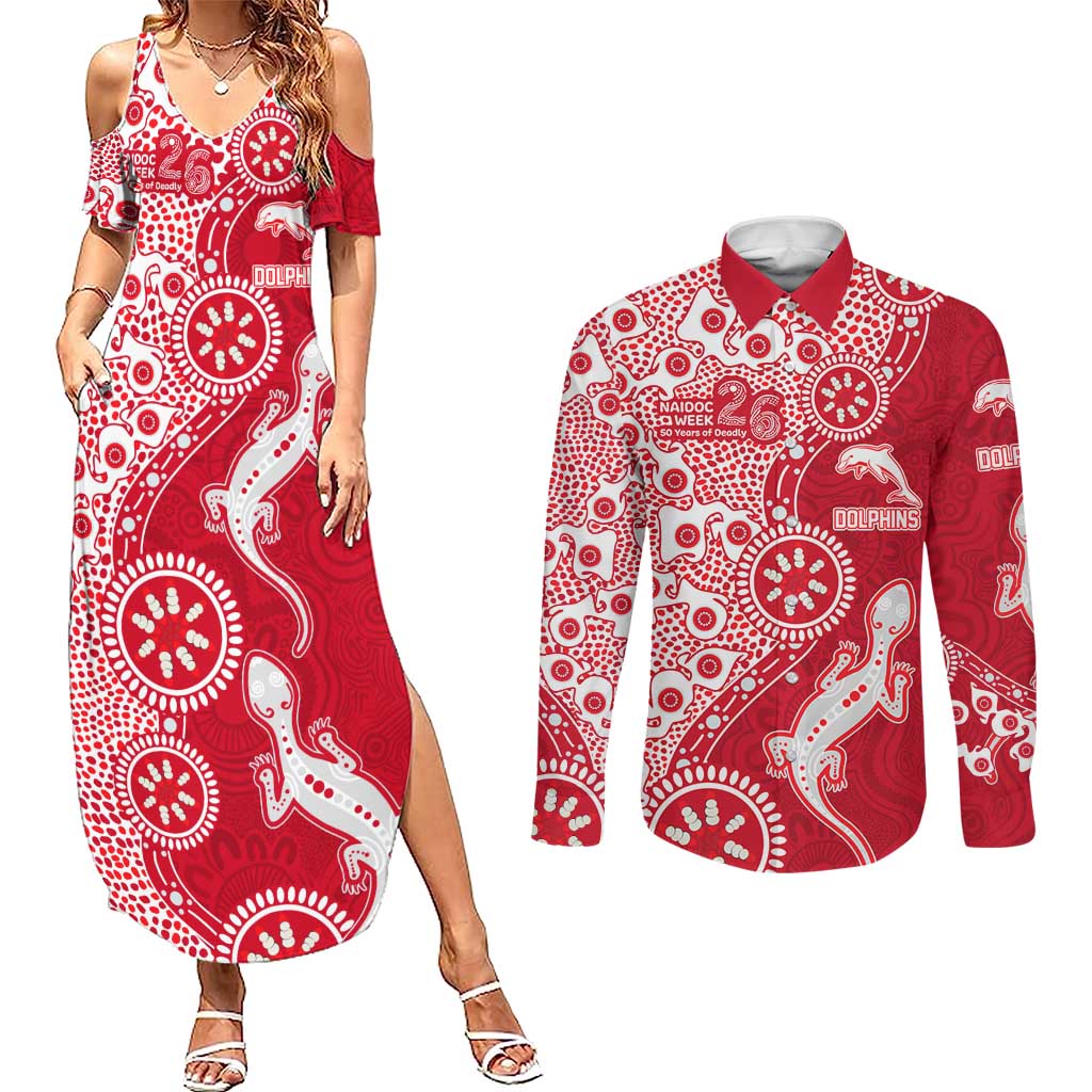 Dolphins NRL NAIDOC Week 2026 Couples Matching Summer Maxi Dress and Long Sleeve Button Shirt Aboriginal Lizard Dot Painting - 50 Years of Deadly