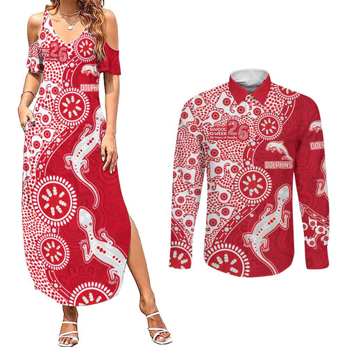 Dolphins NRL NAIDOC Week 2026 Couples Matching Summer Maxi Dress and Long Sleeve Button Shirt Aboriginal Lizard Dot Painting - 50 Years of Deadly