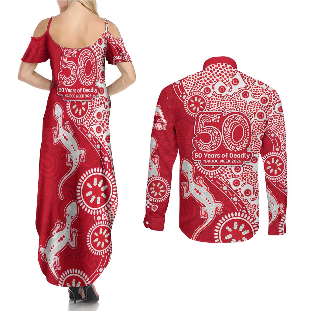 Dolphins NRL NAIDOC Week 2026 Couples Matching Summer Maxi Dress and Long Sleeve Button Shirt Aboriginal Lizard Dot Painting - 50 Years of Deadly