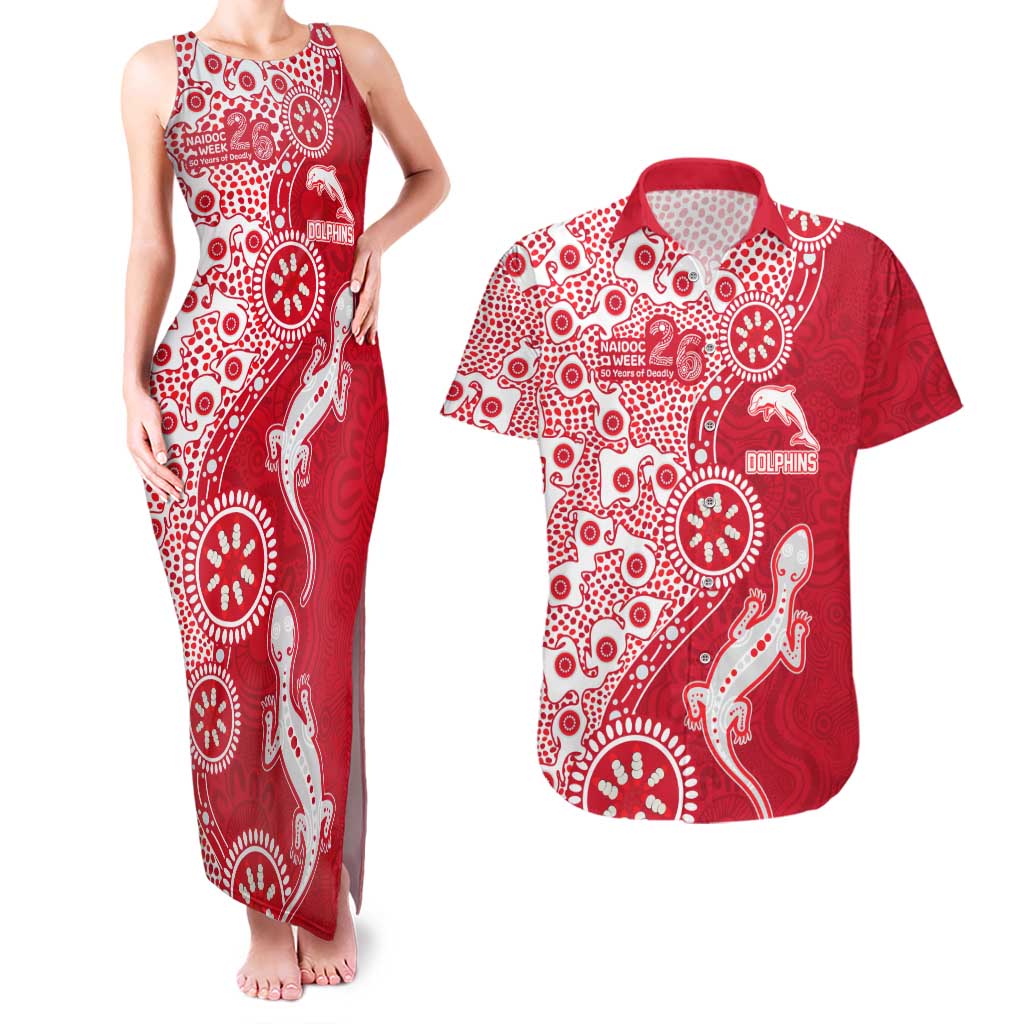Dolphins NRL NAIDOC Week 2026 Couples Matching Tank Maxi Dress and Hawaiian Shirt Aboriginal Lizard Dot Painting - 50 Years of Deadly