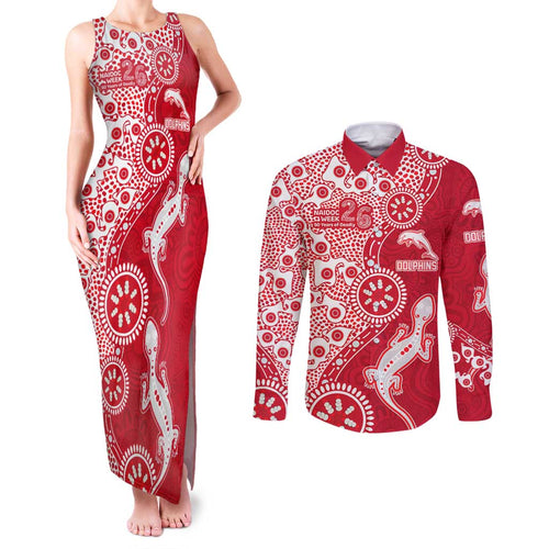 Dolphins NRL NAIDOC Week 2026 Couples Matching Tank Maxi Dress and Long Sleeve Button Shirt Aboriginal Lizard Dot Painting - 50 Years of Deadly
