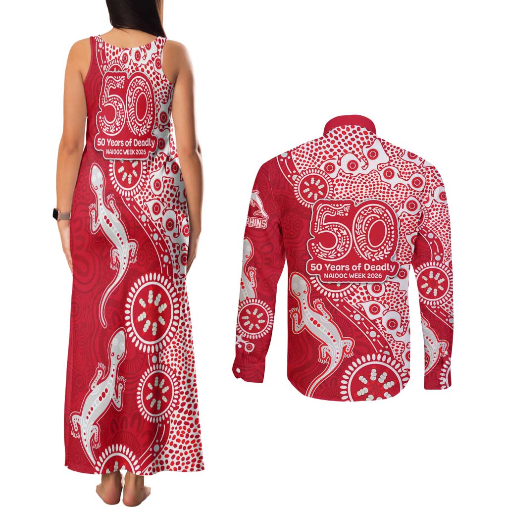 Dolphins NRL NAIDOC Week 2026 Couples Matching Tank Maxi Dress and Long Sleeve Button Shirt Aboriginal Lizard Dot Painting - 50 Years of Deadly