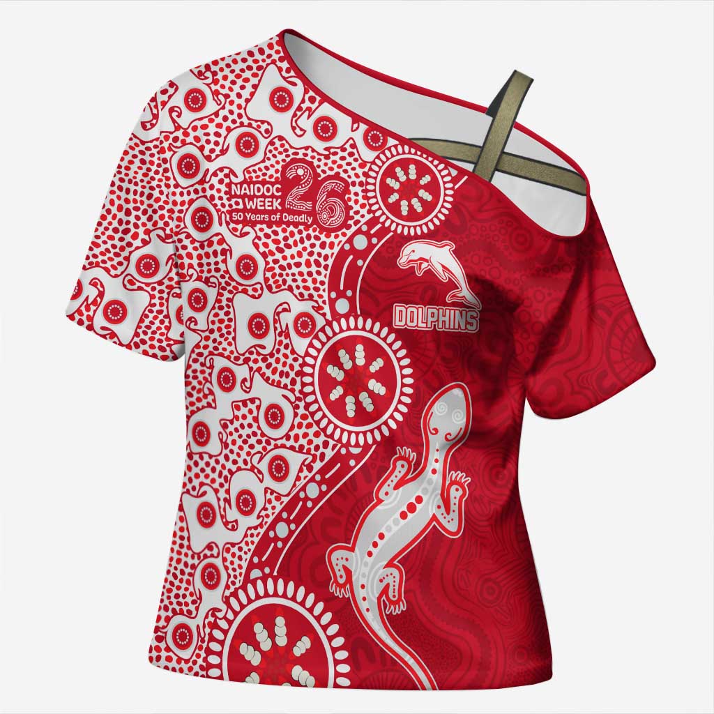 Dolphins NRL NAIDOC Week 2026 Cross Shoulder Shirt Aboriginal Lizard Dot Painting - 50 Years of Deadly