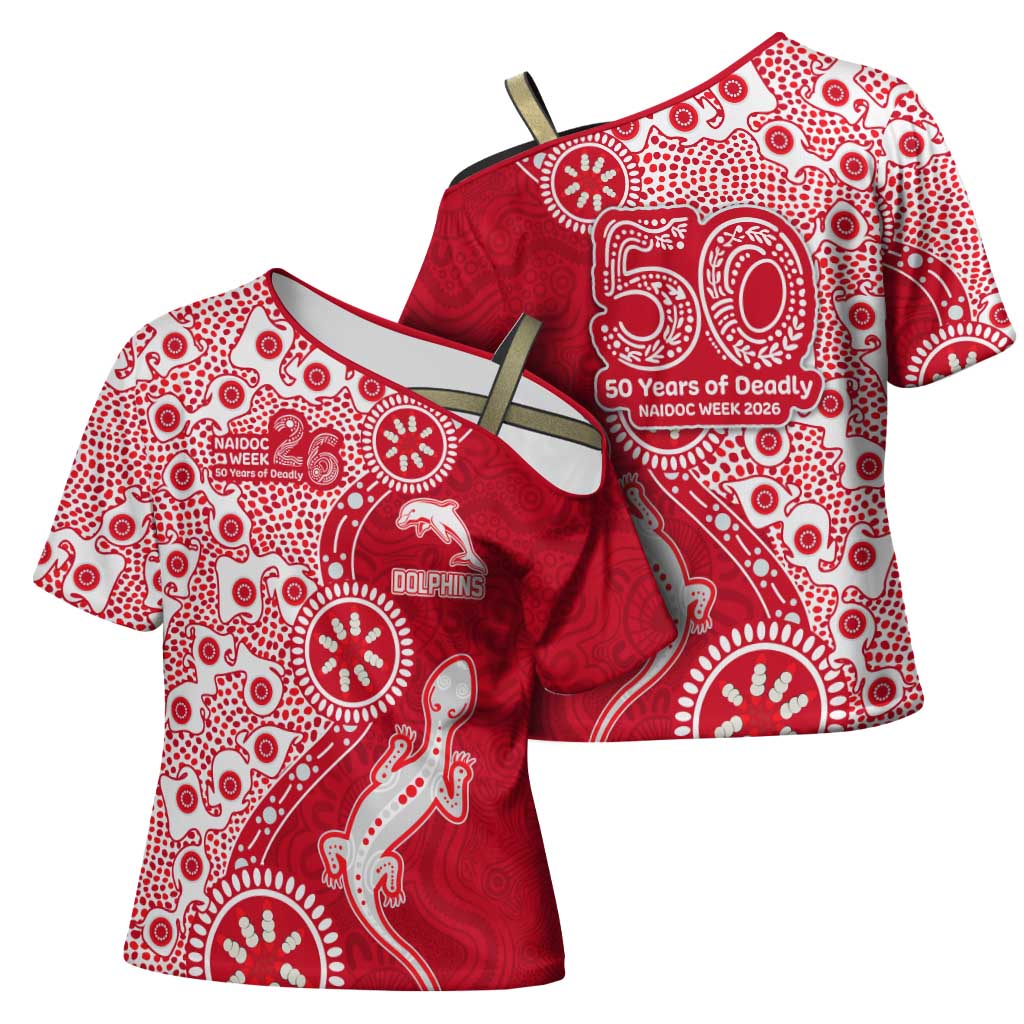 Dolphins NRL NAIDOC Week 2026 Cross Shoulder Shirt Aboriginal Lizard Dot Painting - 50 Years of Deadly