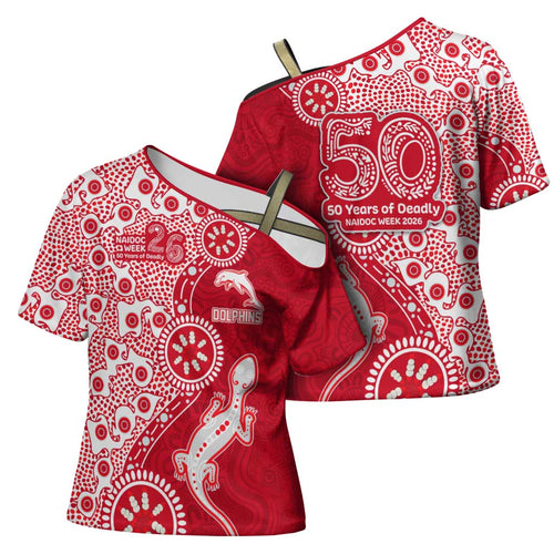 Dolphins NRL NAIDOC Week 2026 Cross Shoulder Shirt Aboriginal Lizard Dot Painting - 50 Years of Deadly