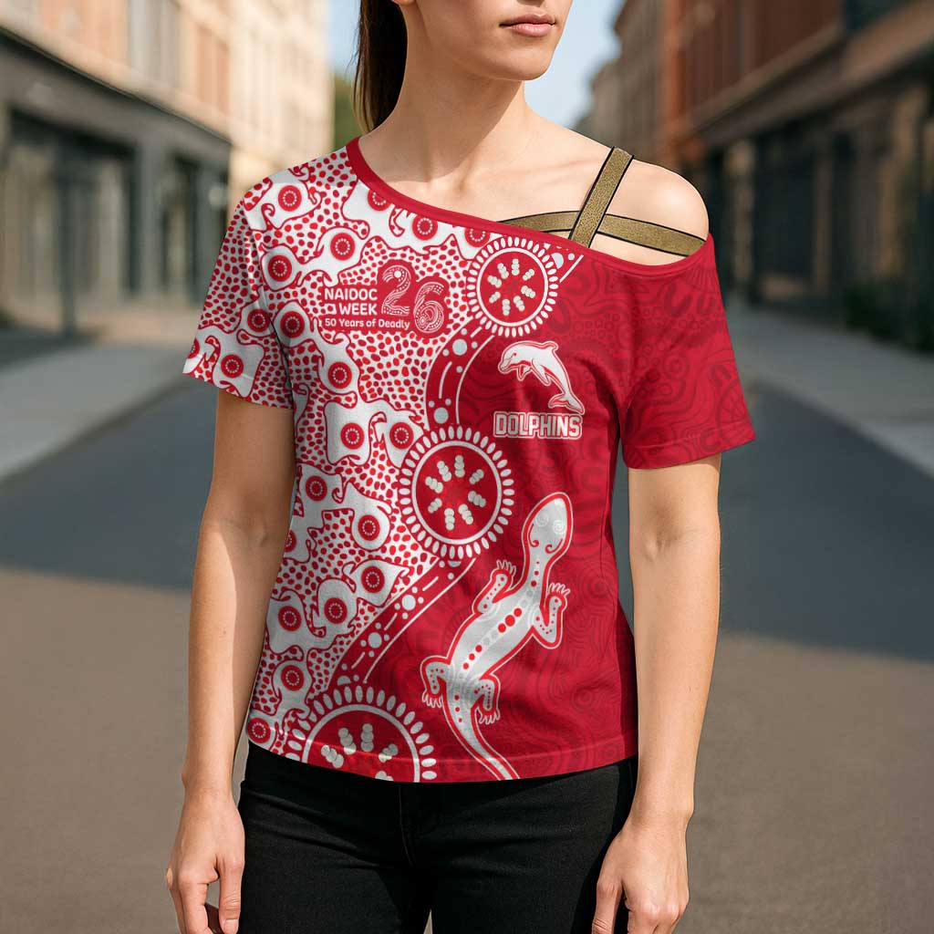 Dolphins NRL NAIDOC Week 2026 Cross Shoulder Shirt Aboriginal Lizard Dot Painting - 50 Years of Deadly