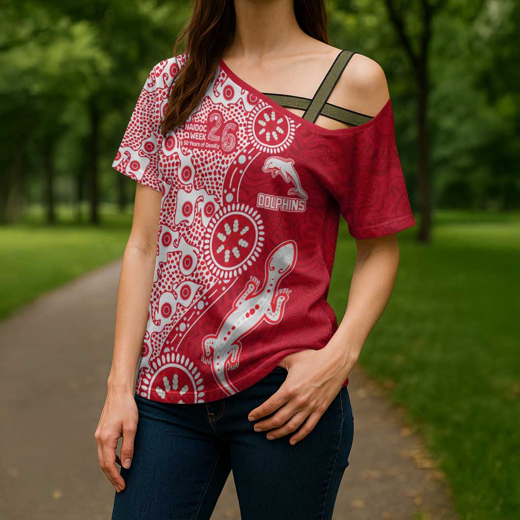 Dolphins NRL NAIDOC Week 2026 Cross Shoulder Shirt Aboriginal Lizard Dot Painting - 50 Years of Deadly