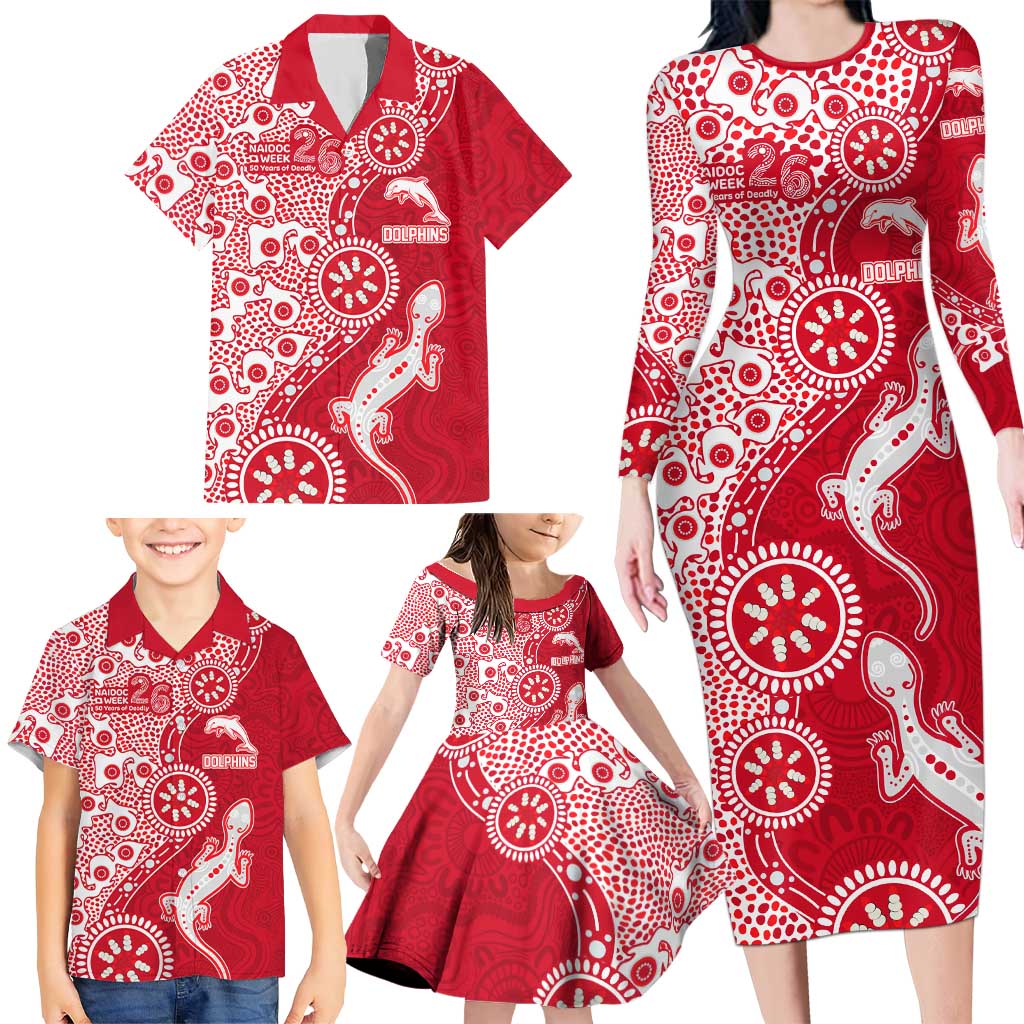 Dolphins NRL NAIDOC Week 2026 Family Matching Long Sleeve Bodycon Dress and Hawaiian Shirt Aboriginal Lizard Dot Painting - 50 Years of Deadly