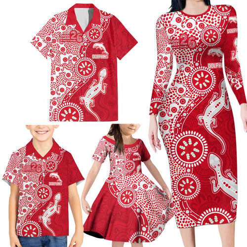 Dolphins NRL NAIDOC Week 2026 Family Matching Long Sleeve Bodycon Dress and Hawaiian Shirt Aboriginal Lizard Dot Painting - 50 Years of Deadly