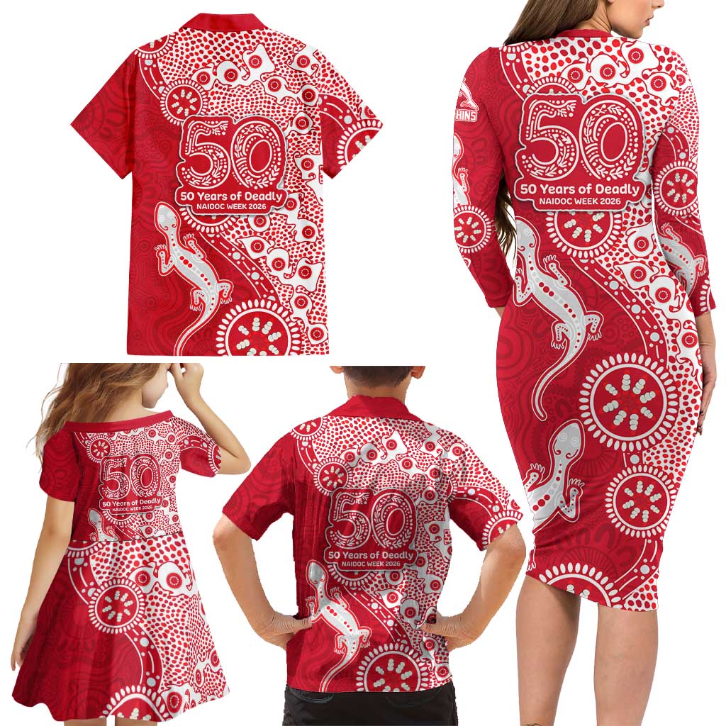 Dolphins NRL NAIDOC Week 2026 Family Matching Long Sleeve Bodycon Dress and Hawaiian Shirt Aboriginal Lizard Dot Painting - 50 Years of Deadly