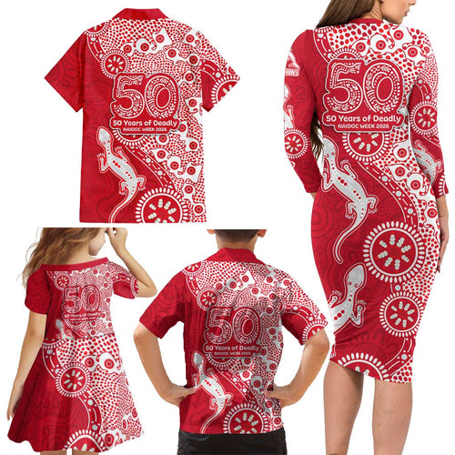 Dolphins NRL NAIDOC Week 2026 Family Matching Long Sleeve Bodycon Dress and Hawaiian Shirt Aboriginal Lizard Dot Painting - 50 Years of Deadly