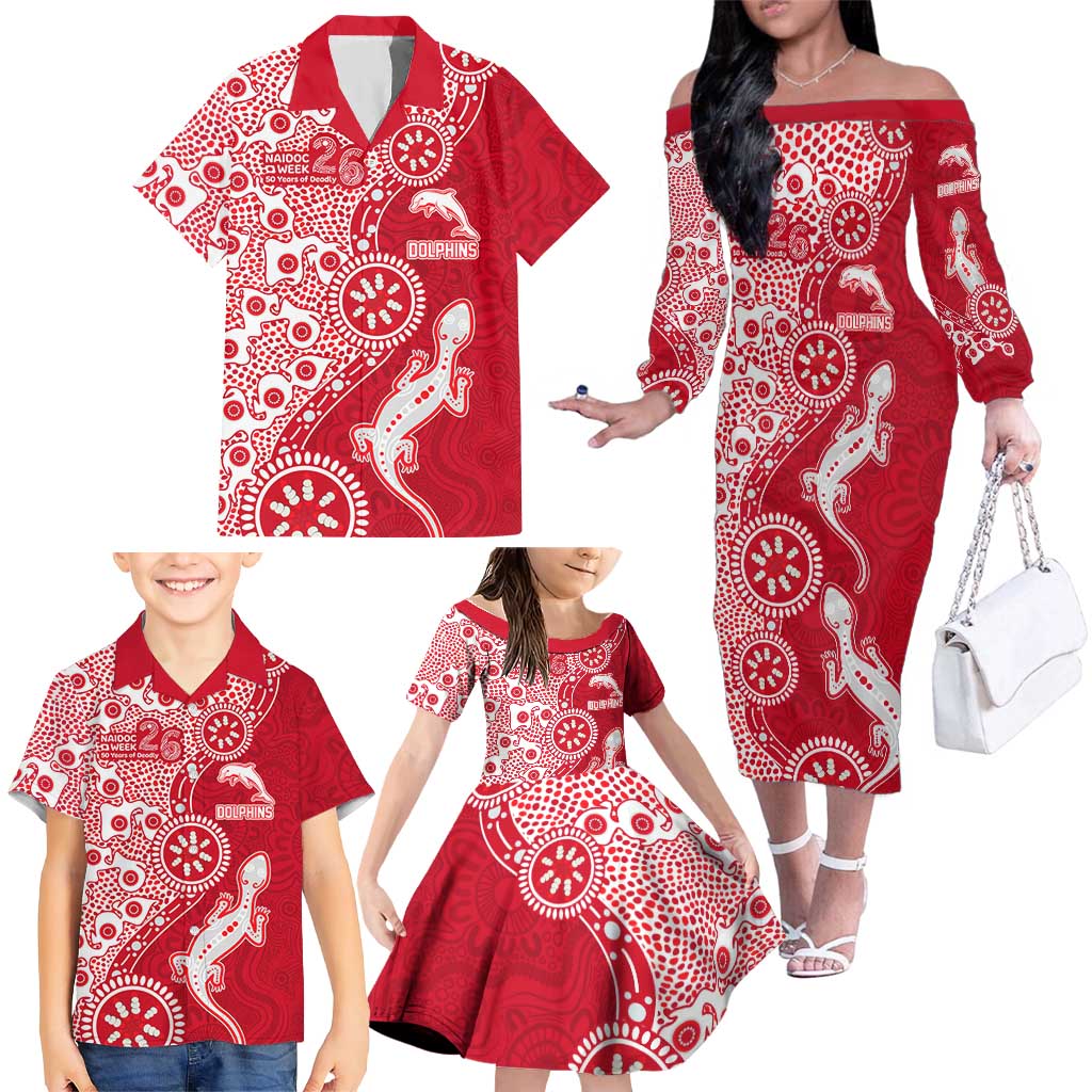 Dolphins NRL NAIDOC Week 2026 Family Matching Off The Shoulder Long Sleeve Dress and Hawaiian Shirt Aboriginal Lizard Dot Painting - 50 Years of Deadly