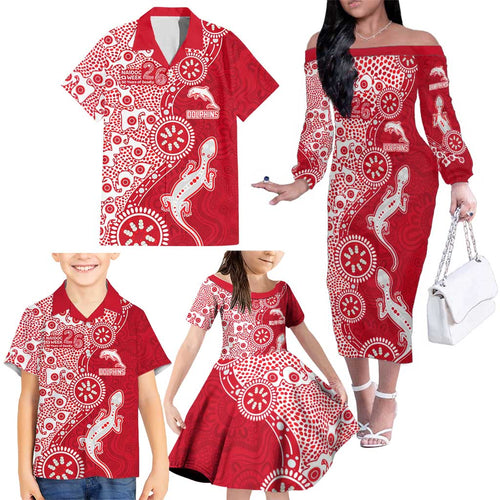 Dolphins NRL NAIDOC Week 2026 Family Matching Off The Shoulder Long Sleeve Dress and Hawaiian Shirt Aboriginal Lizard Dot Painting - 50 Years of Deadly