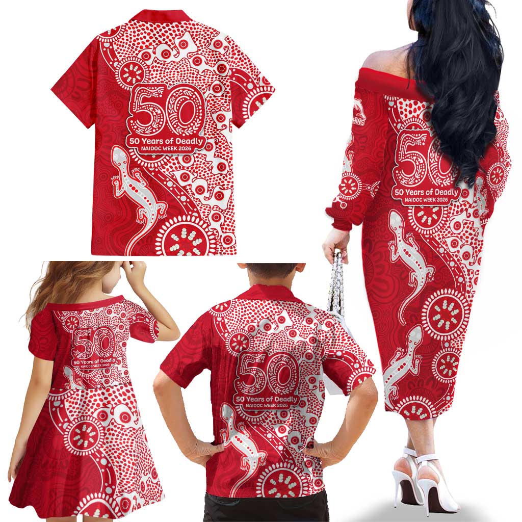 Dolphins NRL NAIDOC Week 2026 Family Matching Off The Shoulder Long Sleeve Dress and Hawaiian Shirt Aboriginal Lizard Dot Painting - 50 Years of Deadly