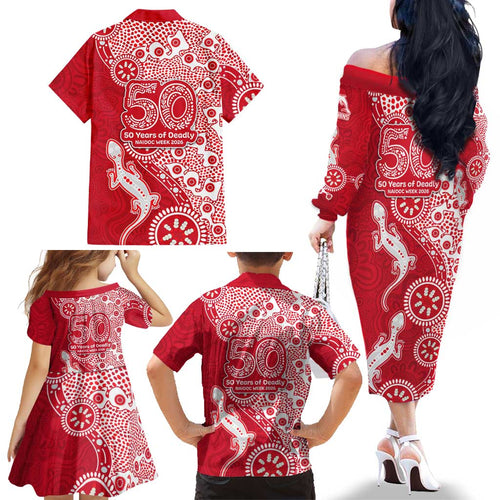 Dolphins NRL NAIDOC Week 2026 Family Matching Off The Shoulder Long Sleeve Dress and Hawaiian Shirt Aboriginal Lizard Dot Painting - 50 Years of Deadly