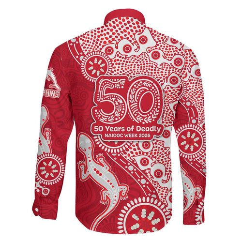 Dolphins NRL NAIDOC Week 2026 Family Matching Off The Shoulder Long Sleeve Dress and Hawaiian Shirt Aboriginal Lizard Dot Painting - 50 Years of Deadly