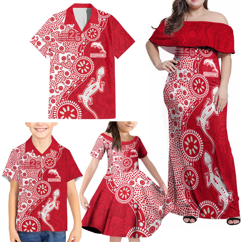 Dolphins NRL NAIDOC Week 2026 Family Matching Off Shoulder Maxi Dress and Hawaiian Shirt Aboriginal Lizard Dot Painting - 50 Years of Deadly