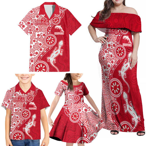 Dolphins NRL NAIDOC Week 2026 Family Matching Off Shoulder Maxi Dress and Hawaiian Shirt Aboriginal Lizard Dot Painting - 50 Years of Deadly