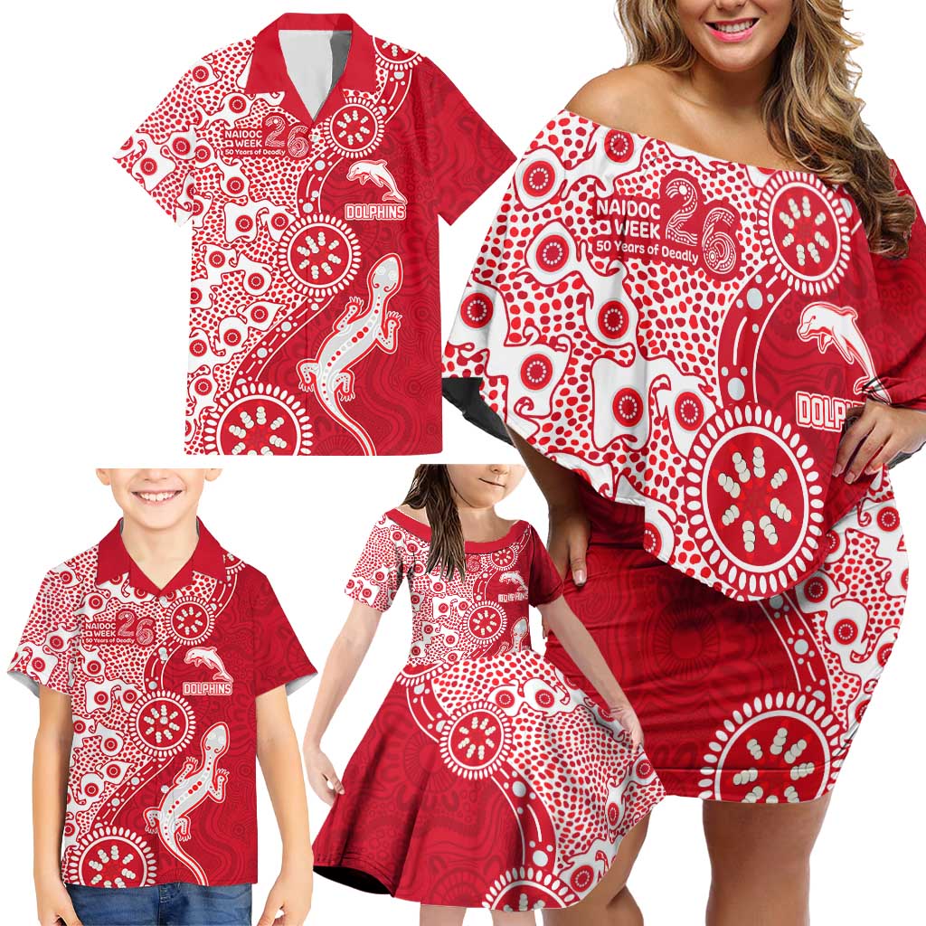 Dolphins NRL NAIDOC Week 2026 Family Matching Off Shoulder Short Dress and Hawaiian Shirt Aboriginal Lizard Dot Painting - 50 Years of Deadly