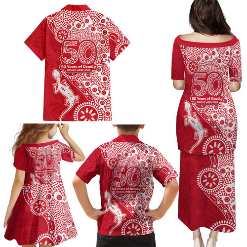 Dolphins NRL NAIDOC Week 2026 Family Matching Puletasi and Hawaiian Shirt Aboriginal Lizard Dot Painting - 50 Years of Deadly