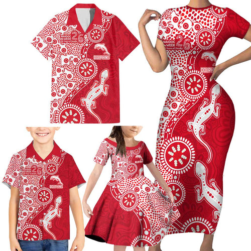 Dolphins NRL NAIDOC Week 2026 Family Matching Short Sleeve Bodycon Dress and Hawaiian Shirt Aboriginal Lizard Dot Painting - 50 Years of Deadly